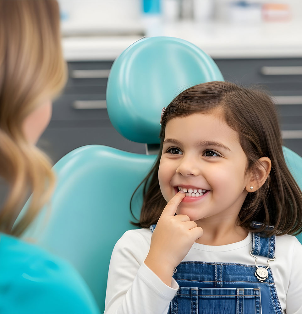 Happy little girl at the dentist appointment smiling showing healthy teeth dental care child healthcare